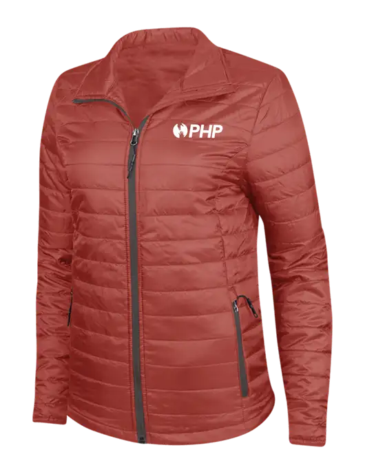 Dark Red Womens Puffy Packable Jacket w/PHP Agency Logo
