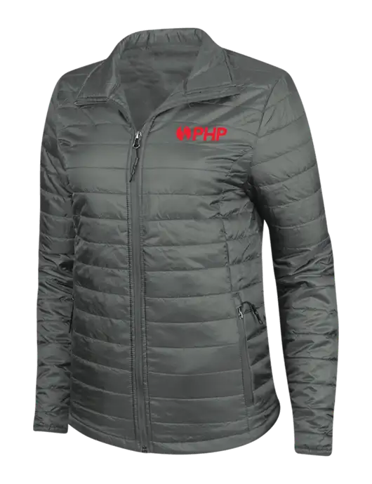 Dark Grey Womens Puffy Packable Jacket w/PHP Agency Logo