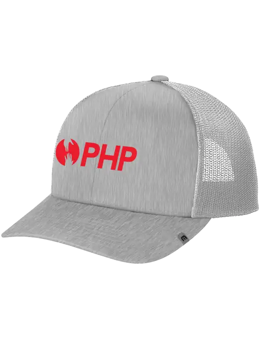 TravisMathew Light Medium Grey Heather Cruz Trucker Cap w/PHP Agency Logo