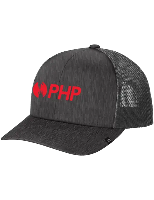 TravisMathew Very Dark Grey Heather Cruz Trucker Cap w/PHP Agency Logo