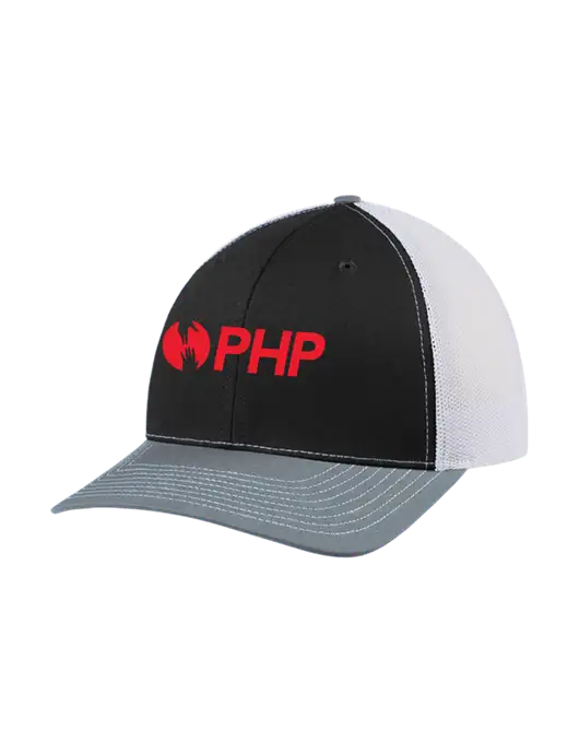 Richardson Adjustable Snapback Original 112 Trucker Cap Black/Light Heather Grey/White Mesh w/PHP Agency Logo