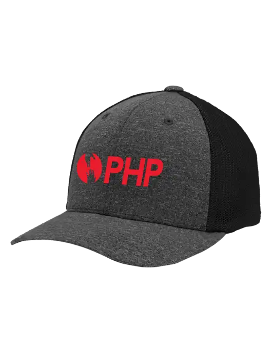 Flexfit Black/Dark Charcoal Heather Melange Mesh Back Trucker Cap w/PHP Agency Logo