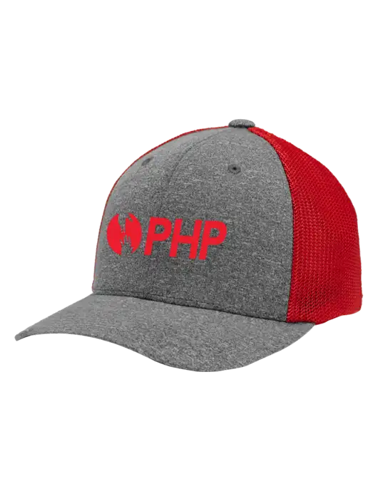Flexfit Red/Medium Grey Heather Melange Mesh Back Trucker Cap w/PHP Agency Logo