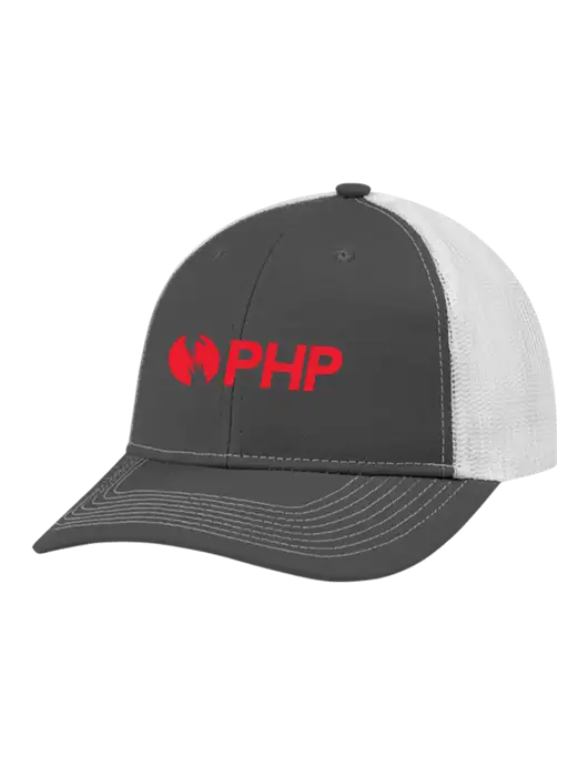 Snapback Ponytail Trucker Cap Dark Grey w/White Mesh w/PHP Agency Logo