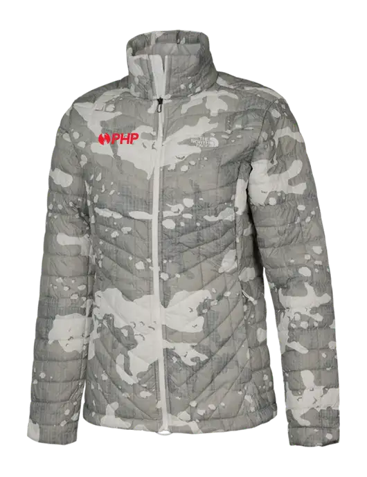 North Face Womens White/Grey Print Medium Grey ThermoBall Trekker Jacket w/PHP Agency Logo