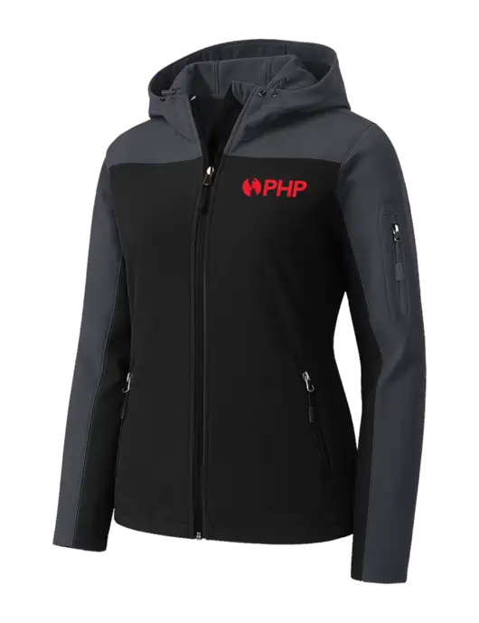 Womens Hooded Core Dark Grey/Black Soft Shell Jacket w/PHP Agency Logo