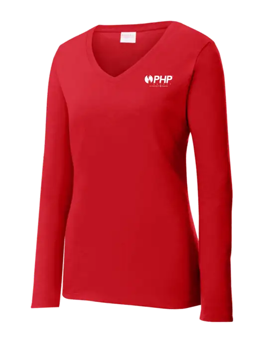 Womens  V-Neck Ring Spun Bright Red 4.5 oz Long Sleeve T-Shirt w/PHP Integrity Logo