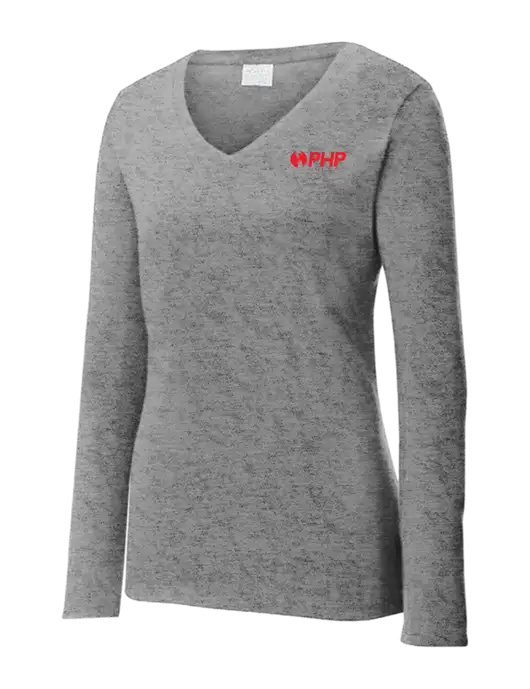 Womens  V-Neck Ring Spun Grey Heather 4.5 oz Long Sleeve T-Shirt w/PHP Integrity Logo
