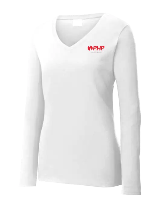 Womens  V-Neck Ring Spun White 4.5 oz Long Sleeve T-Shirt w/PHP Integrity Logo
